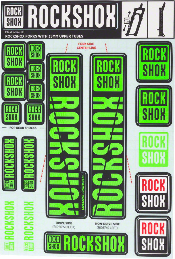 RockShox Fork Decal Kit - 35mm, Green MPN: 11.4318.003.510 UPC: 710845803888 Sticker/Decal Fork Decal Kits