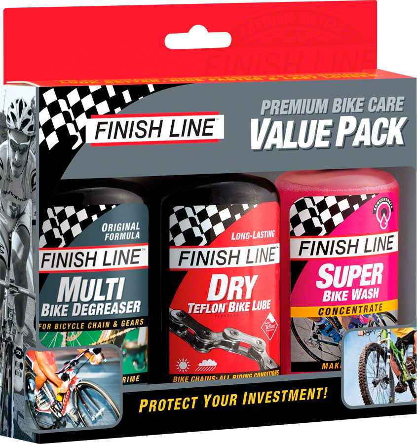 Finish Line Bike Care Value Pack, Includes DRY Chain Lubricant, EcoTech Degreaser and Super Bike Wash Cleaner MPN: TEB040101 UPC: 036121710177 Degreaser / Cleaner Value Pack